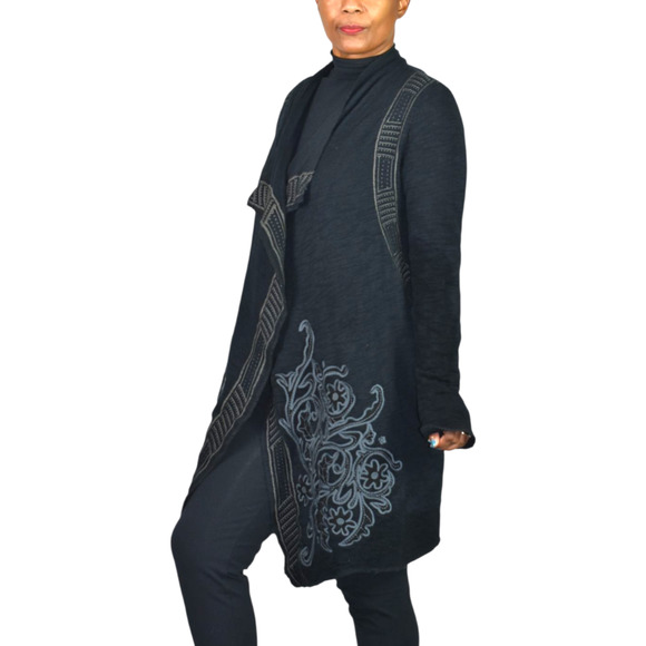 Paparazzi Biz Embroidered Asymmetric Cardigan Jacket Black Duster Cotton Medium - Picture 6 of 16